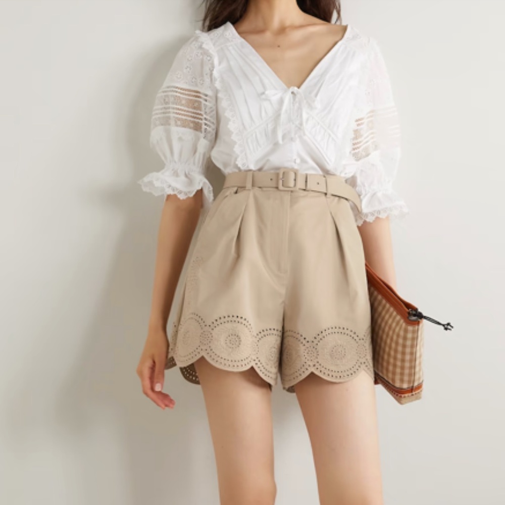 NWT SELF-PORTRAIT Belted broderie anglaise cotton shorts